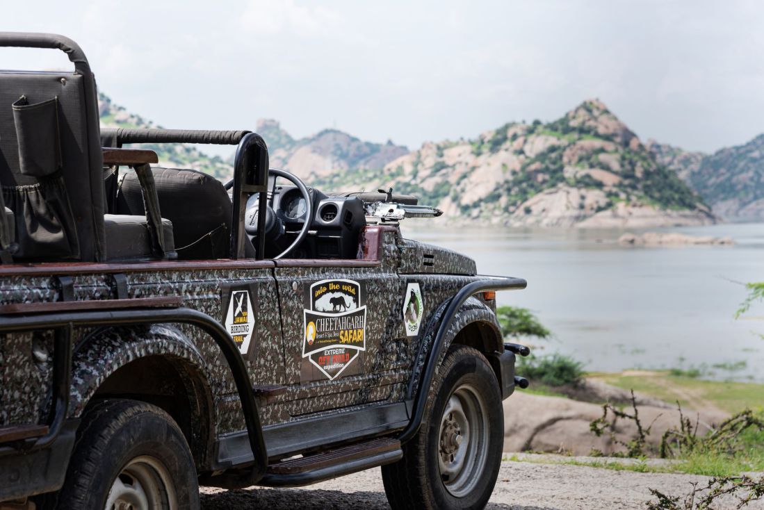 Bera Safari open jeep beside the Jawai reservoir